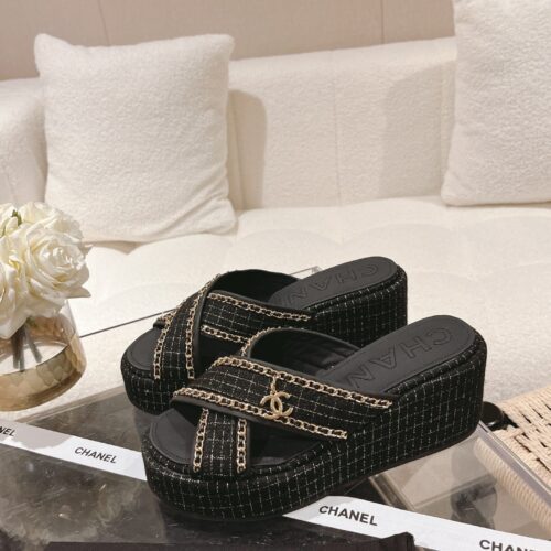 Alternative view of Chanel Platform Mules Tweed With Chain Accent Black