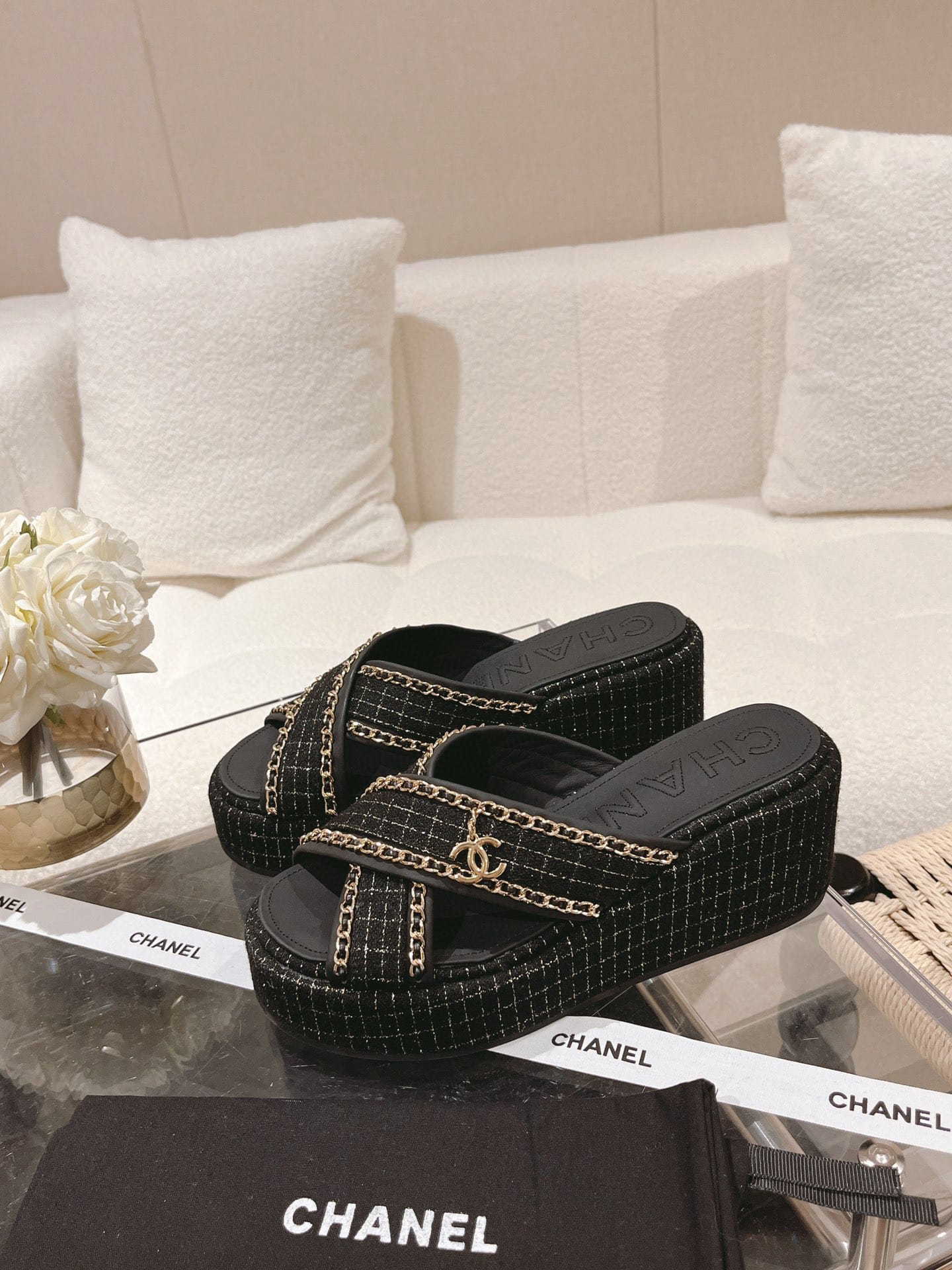 Chanel Platform Mules Tweed With Chain Accent Black - Image 2
