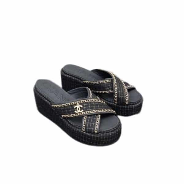 Chanel Platform Mules Tweed With Chain Accent Black