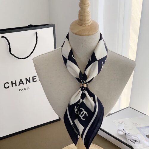 Alternative view of Chanel Checkerboard CC Square Scarf Silk Twill Black White 70cm