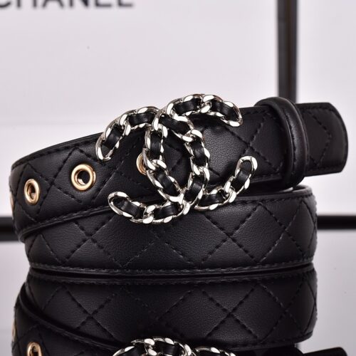 Alternative view of Chanel Belt Interwoven Chain Quilted Leather Silver Black 28mm