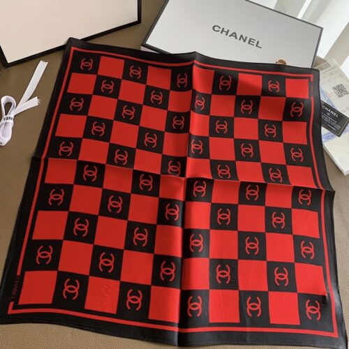 Alternative view of Chanel Checkerboard CC Square Scarf Silk Twill Red Black 70cm