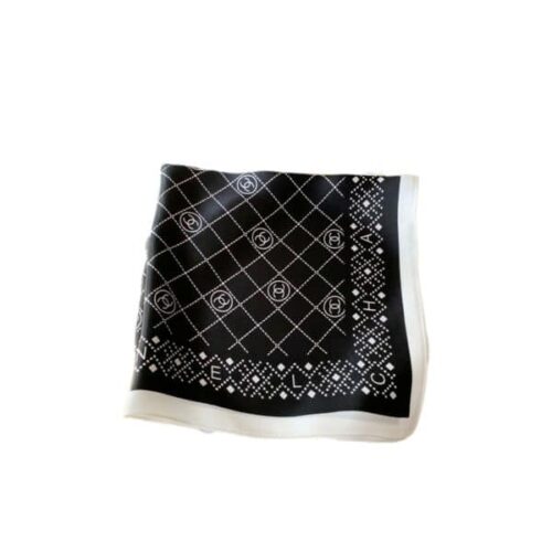 Chanel Square Scarf Silk Twill Quilted Grid CC Black White 90cm