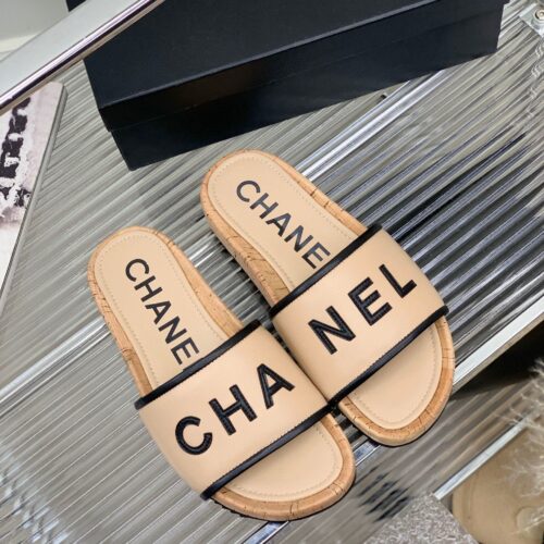 Alternative view of Chanel Leather Logo Cork Slide Sandals Beige