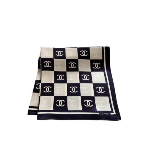 Chanel Checkerboard CC Square Scarf Silk Twill Black White 70cm