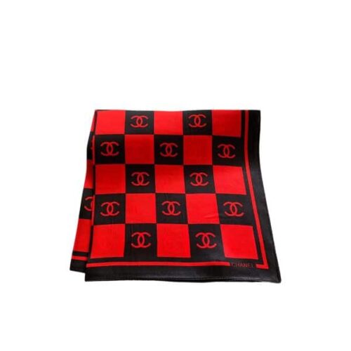 Chanel Checkerboard CC Square Scarf Silk Twill Red Black 70cm