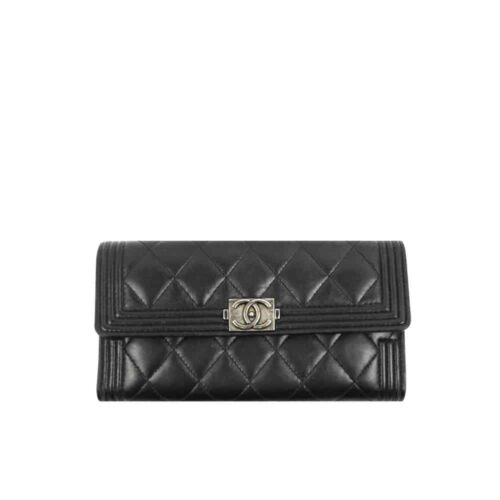 Chanel Boy Flap Long Wallet Ruthentium Hardware Black 19Cm