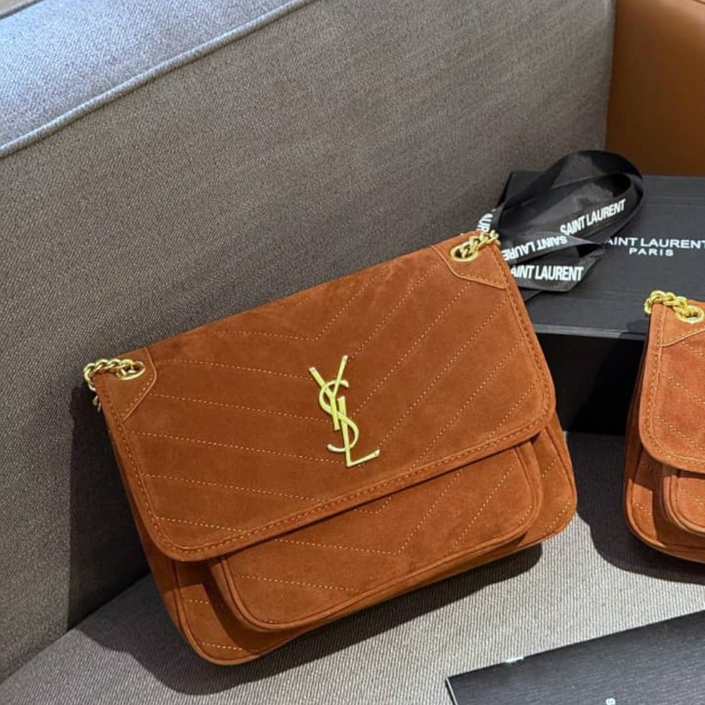 Saint Laurent Niki Baby Quilted Suede Chain Bag Brown 28cm - Image 2