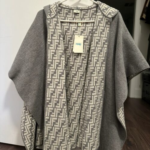 Alternative view of Fendi Poncho FF Motif Wool And Cashmere Gray And White