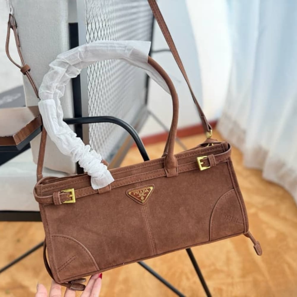 Prada Bonnie Medium Suede Handbag Brown 32Cm 1Ba426 2C4S F0401 V Moo - Image 3
