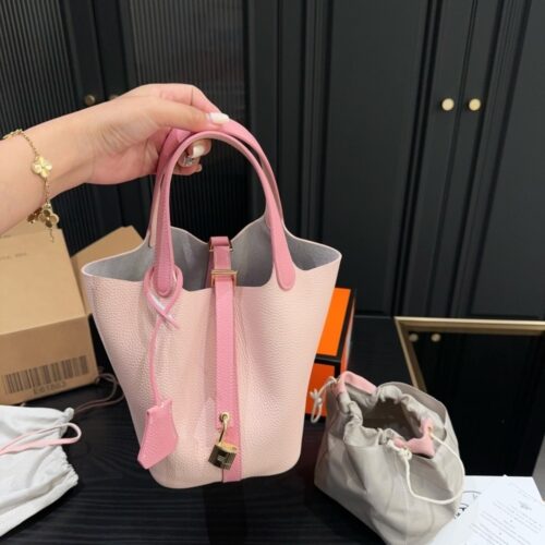 Alternative view of Hermes Picotin 18 Clemence Gold-tone Hardware Bucket Bag Light Pink 18Cm