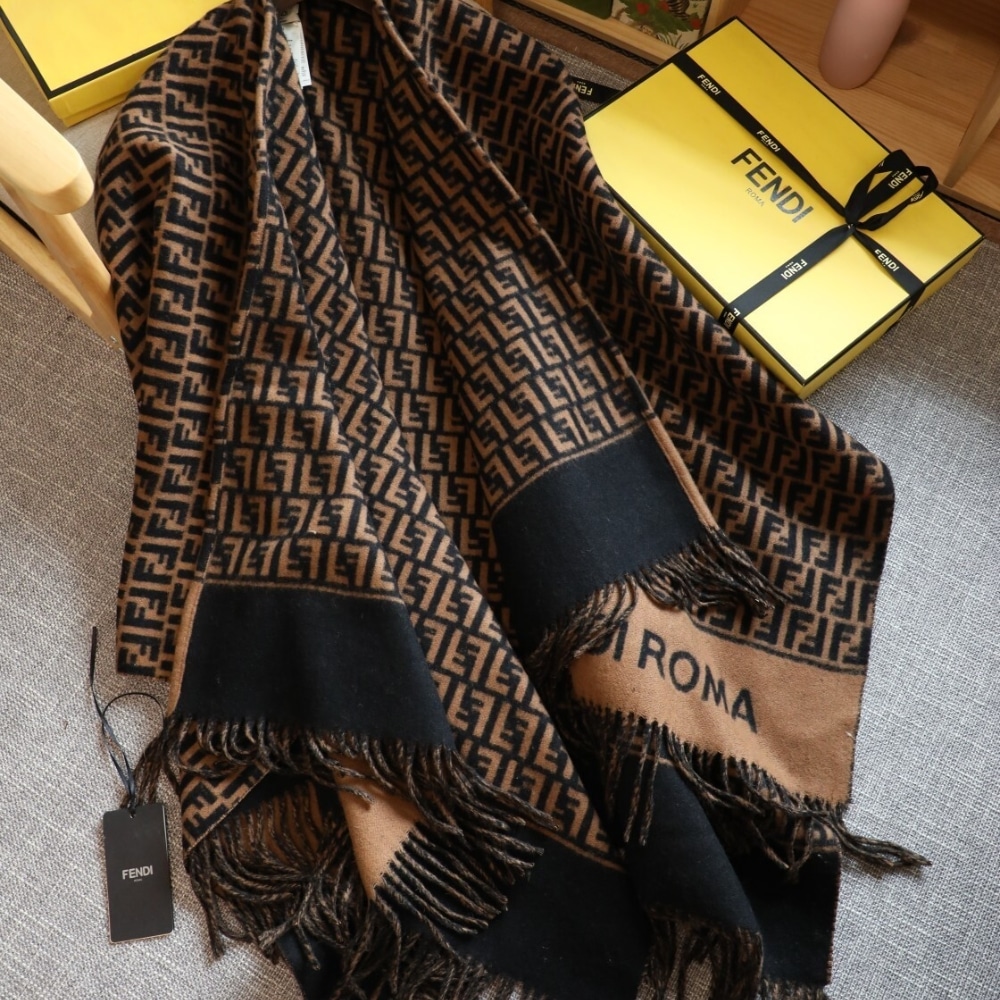 Fendi Poncho FF Motif Wool And Cashmere Brown FXX723AQCWF0QE1 - Image 3