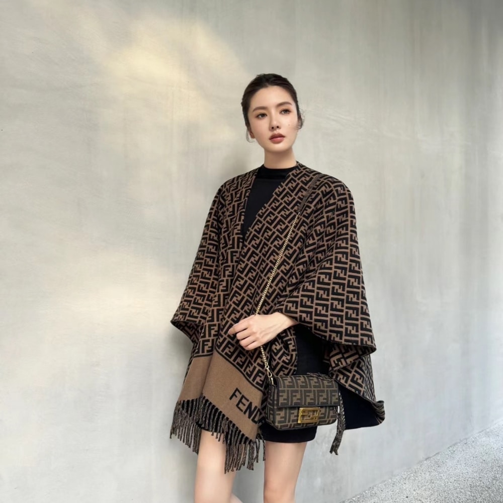 Fendi Poncho FF Motif Wool And Cashmere Brown FXX723AQCWF0QE1 - Image 8