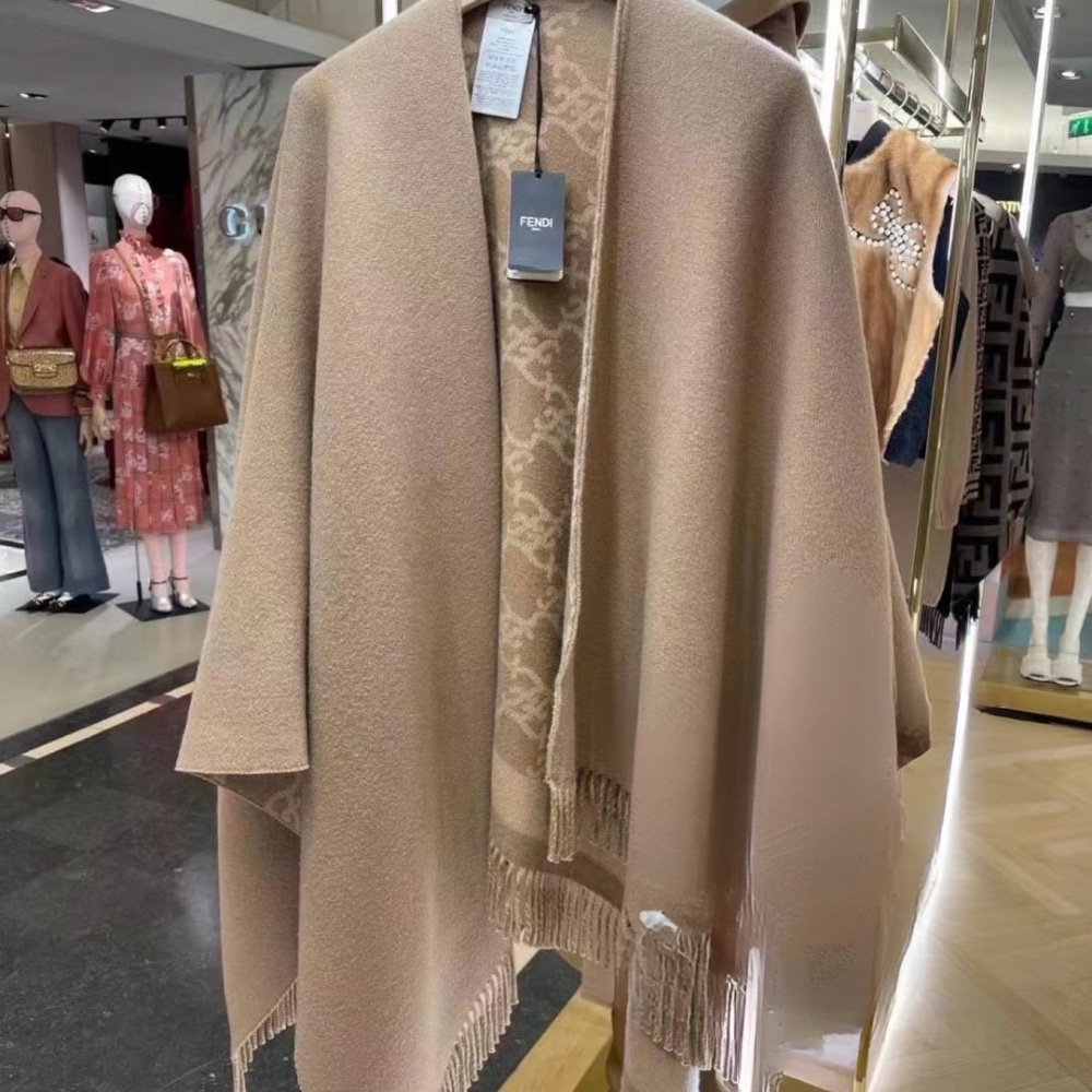 Fendi Poncho Fringed Wrap Double-Face Wool And Cashmere Cape Brown FXX715AHRFF0QU5 - Image 6