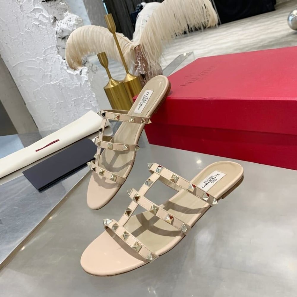 Valentino Garavani Rockstud Flat Slide Sandal 5mm Beige 5W2S0C49VOD P45 - Image 3