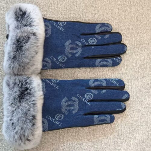 Alternative view of Chanel Cc Logo Rabbit Fur Leather Fleece Gloves Denim Blue