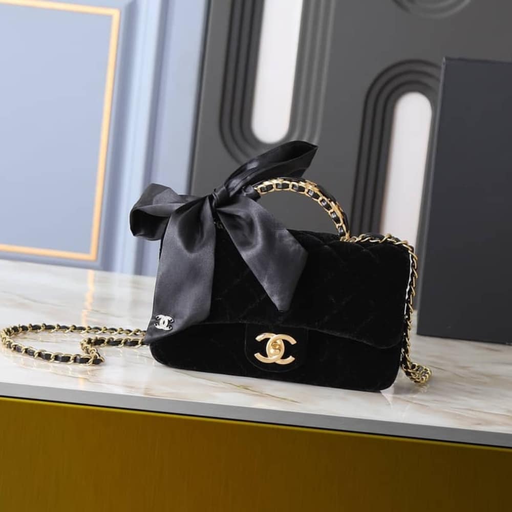 Chanel Classic Mini Velvet Top Handle Bag Black 20cm AS5875 B22481 94305 - Image 2