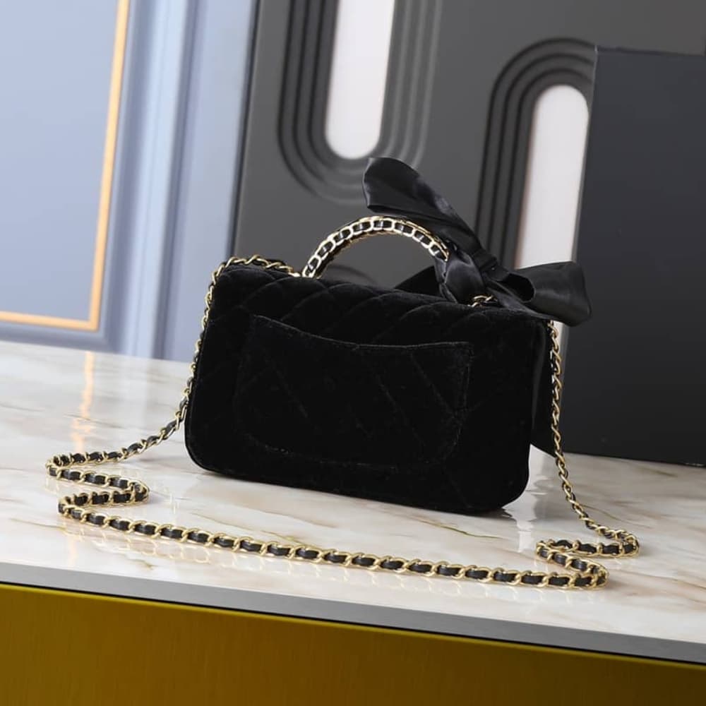 Chanel Classic Mini Velvet Top Handle Bag Black 20cm AS5875 B22481 94305 - Image 3