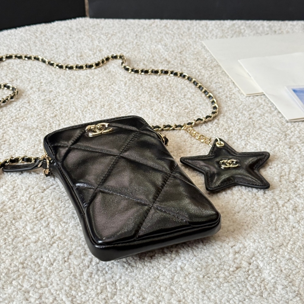 Chanel Phone Holder Small Shiny Crumpled Pattern Crossbody Bags Black 18cm AP4777 B21296 94305 - Image 7