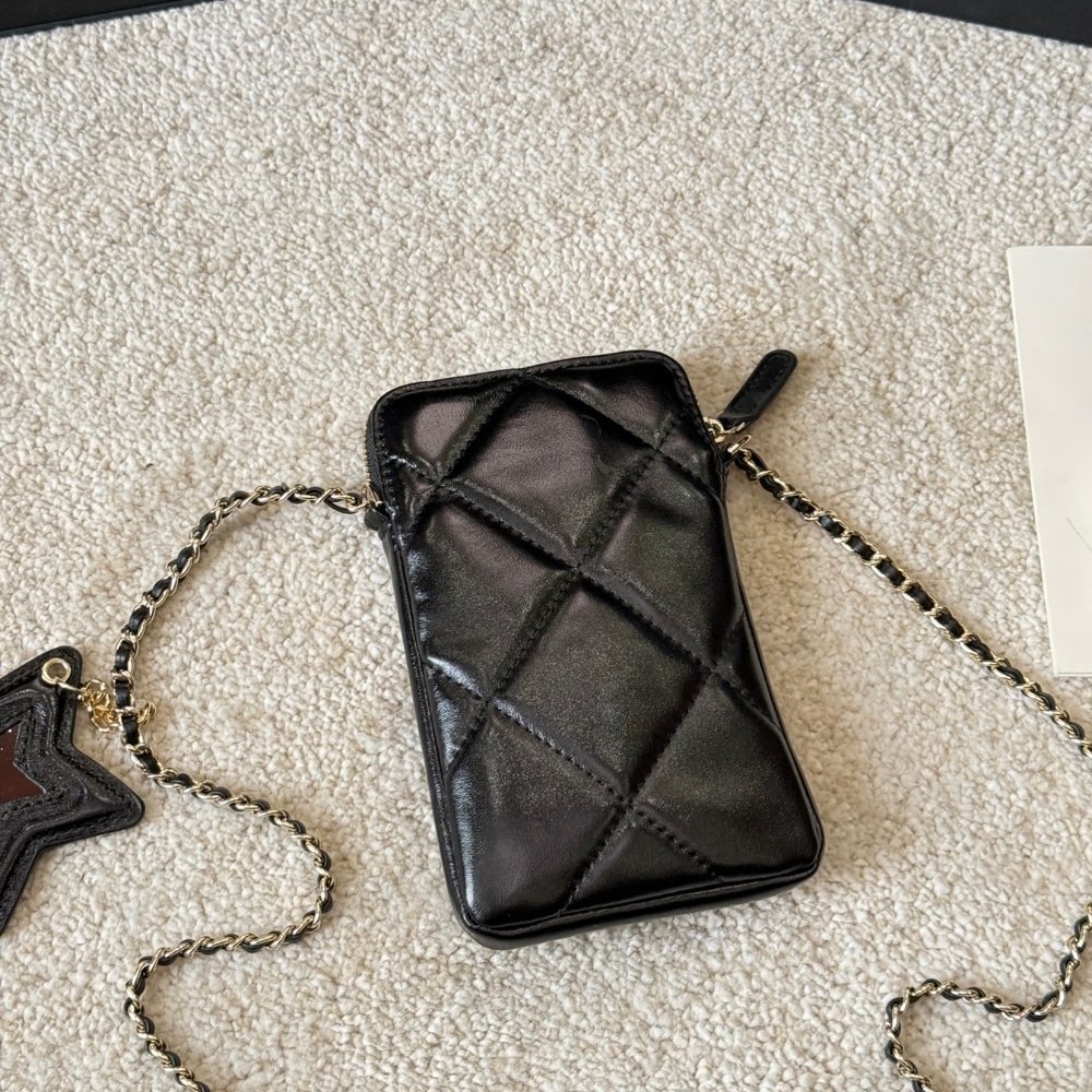 Chanel Phone Holder Small Shiny Crumpled Pattern Crossbody Bags Black 18cm AP4777 B21296 94305 - Image 4