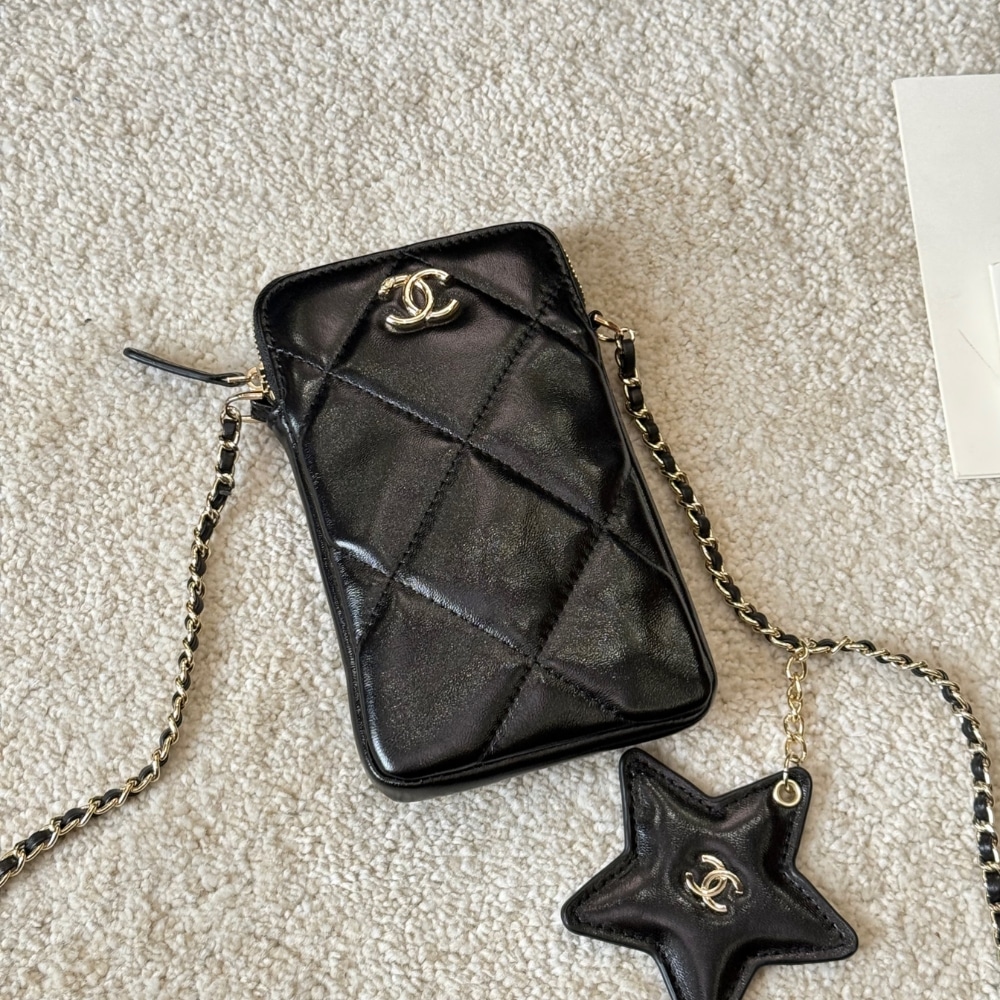 Chanel Phone Holder Small Shiny Crumpled Pattern Crossbody Bags Black 18cm AP4777 B21296 94305 - Image 3