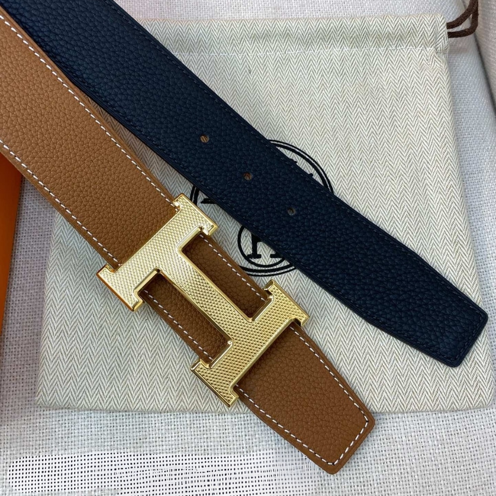 Hermes H Guillochee Belt Buckle And Reversible Leather Strap Gold Brown 32mm H064540CC06 - Image 5