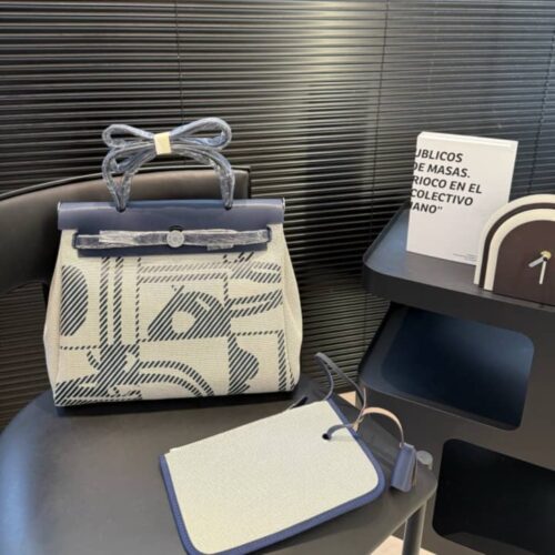Alternative view of Hermes Herbag 31 Brides De Gala Canvas and Leather Handle Bag Indigo Blue 31cm