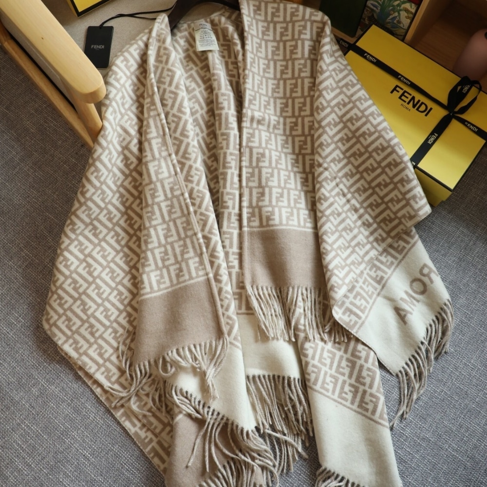 Fendi Poncho FF Motif Wool And Cashmere Beige FXX723AQCWF0QB9 - Image 4