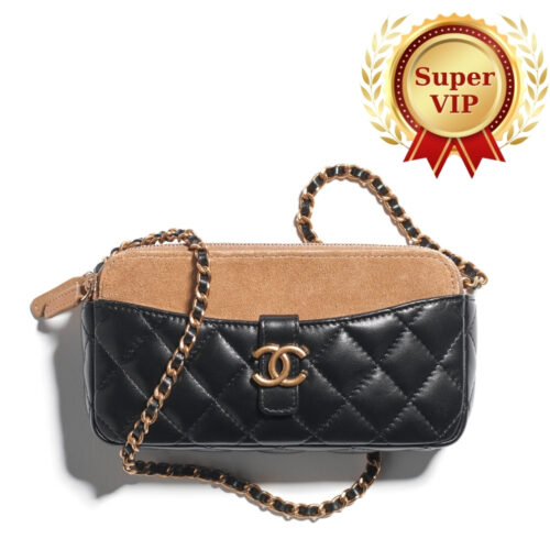[Super Vip 1:1] Chanel Zipped Phone Holder With Chain Shiny And Gold Tone Metal Black Beige 18Cm Ap4743 B20685 U1546