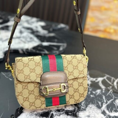 Alternative view of Gucci Horsebit 1955 Small GG Canvas Shoulder Bag Sand And Dark Brown 21cm 866762 FAFV9 9653