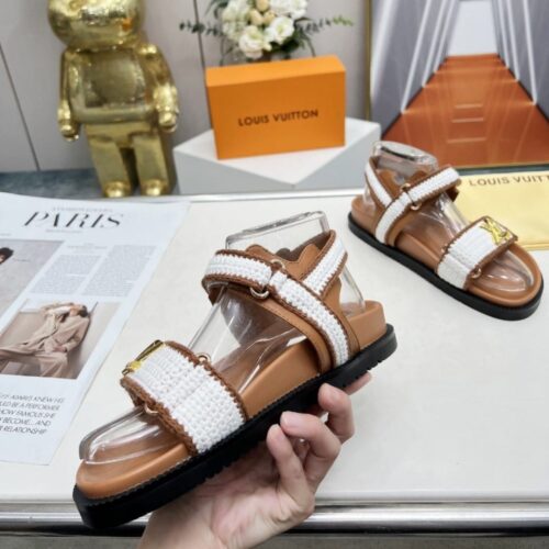 Alternative view of Louis Vuitton LV Sunset Flat Comfort Cotton Crochet Sandals Cognac Brown