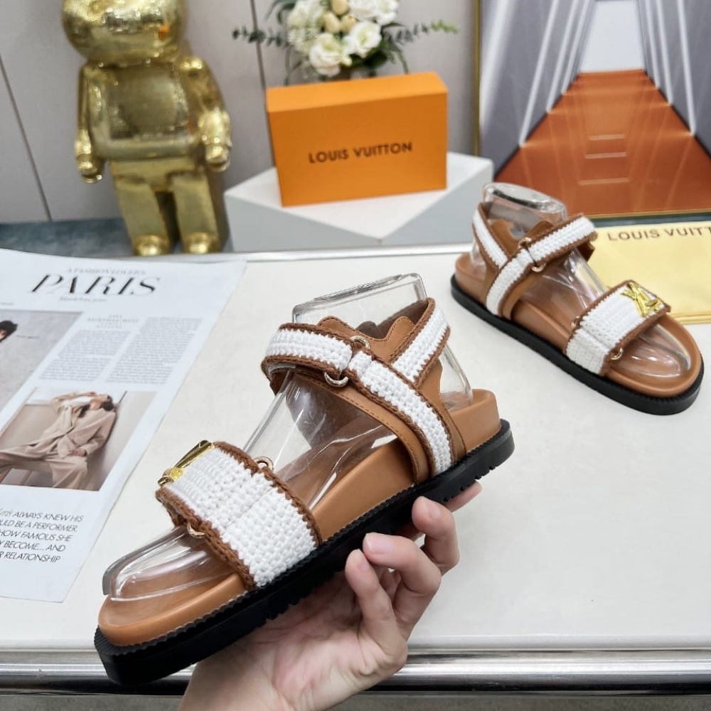 Louis Vuitton LV Sunset Flat Comfort Cotton Crochet Sandals Cognac Brown - Image 2