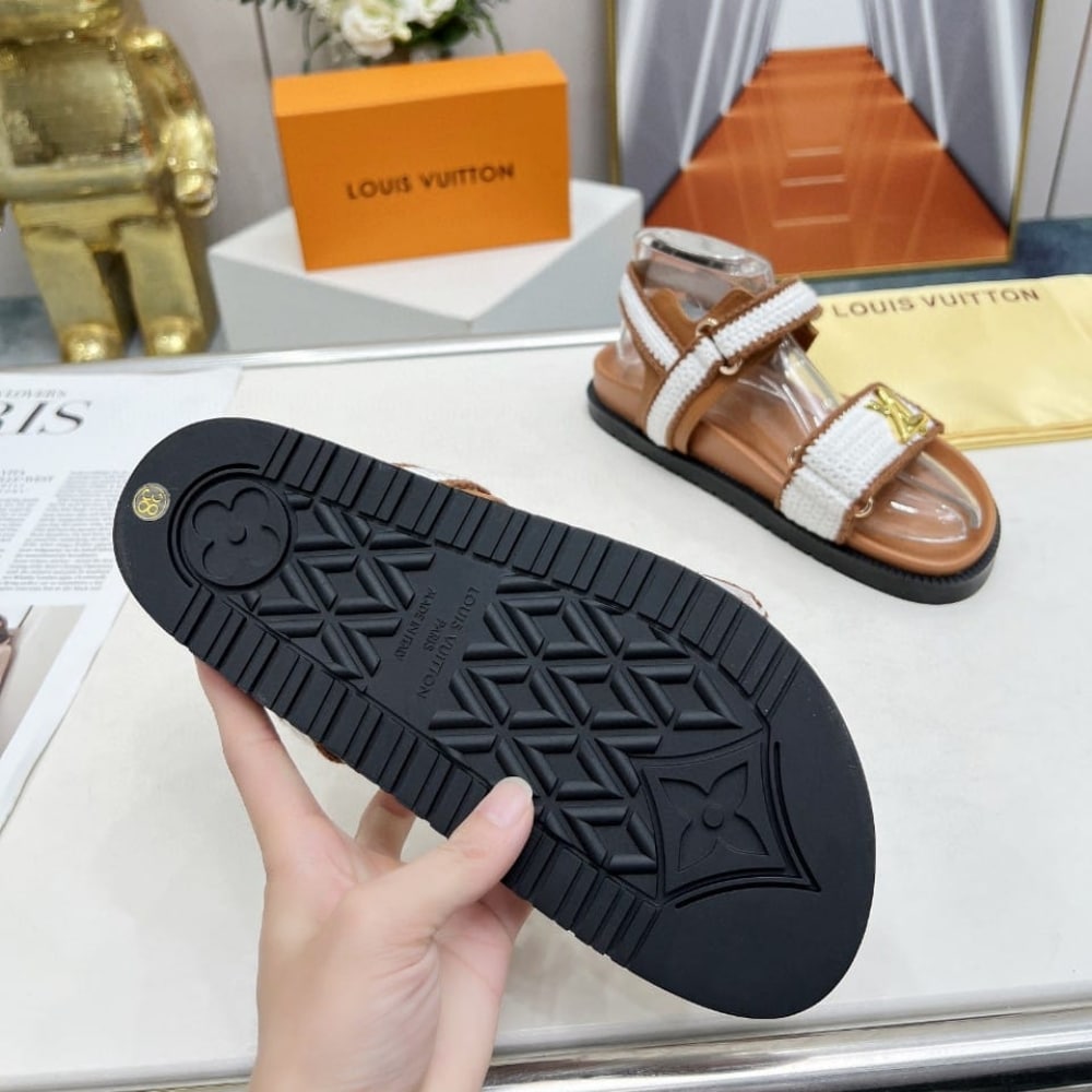 Louis Vuitton LV Sunset Flat Comfort Cotton Crochet Sandals Cognac Brown - Image 4