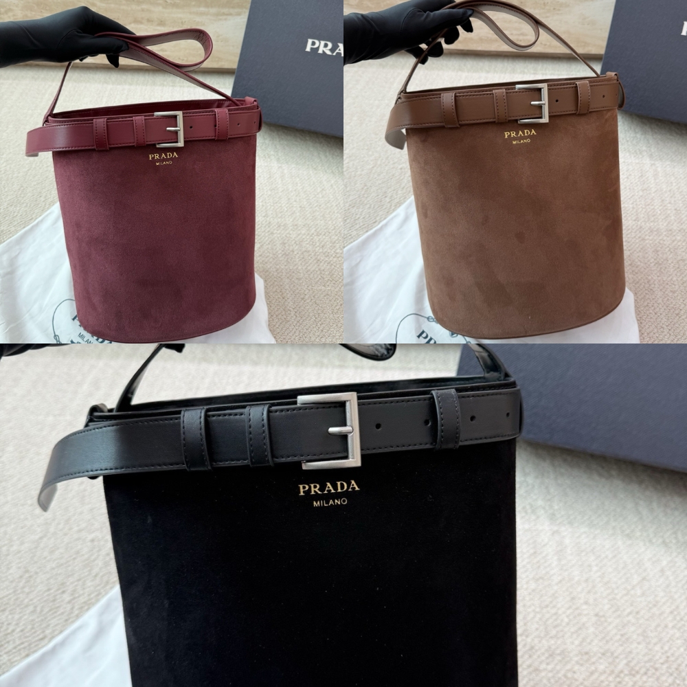 Prada Suede Buckle Bucket Bag With Belt Brown 28Cm 1BE085VSBM2C4S F0324 - Image 11