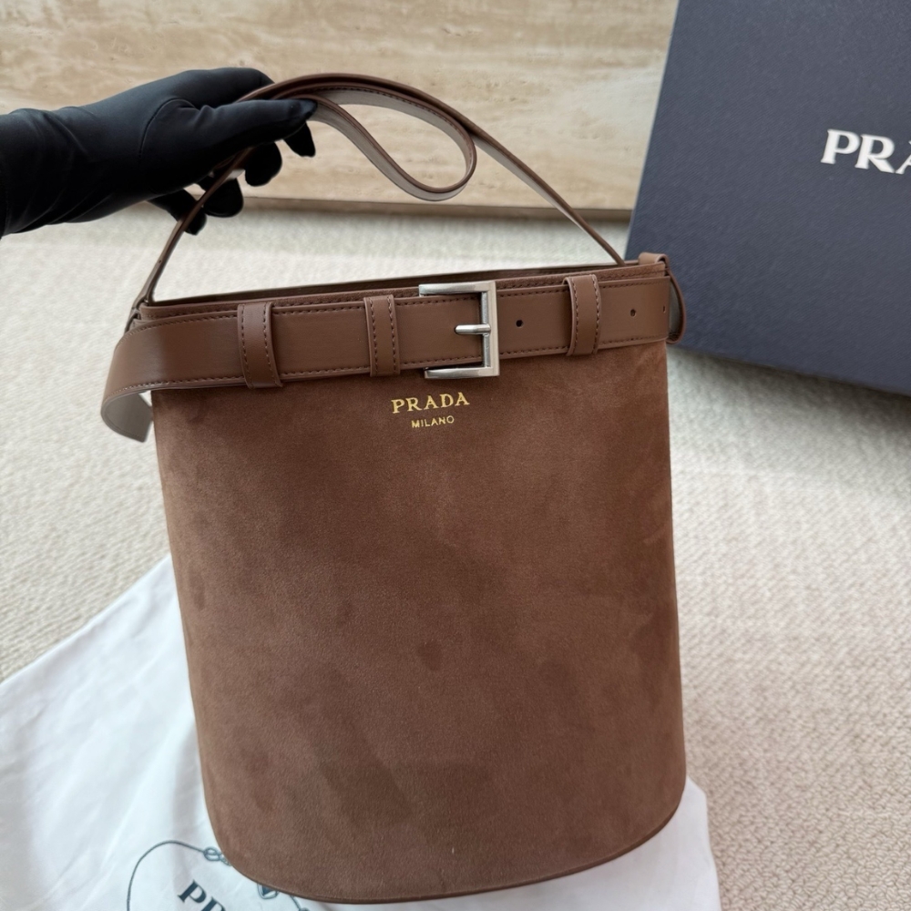 Prada Suede Buckle Bucket Bag With Belt Brown 28Cm 1BE085VSBM2C4S F0324 - Image 2
