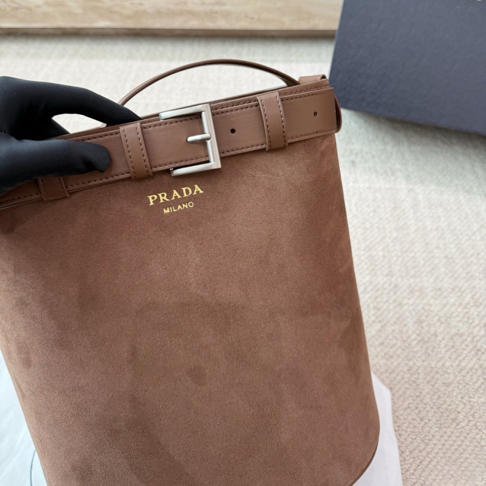 Prada Suede Buckle Bucket Bag With Belt Brown 28Cm 1BE085VSBM2C4S F0324 - Image 3