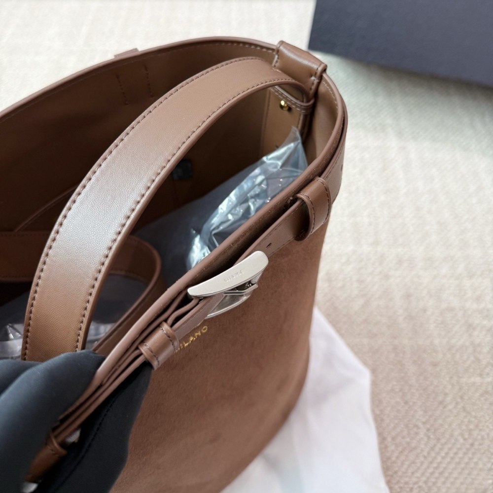 Prada Suede Buckle Bucket Bag With Belt Brown 28Cm 1BE085VSBM2C4S F0324 - Image 5