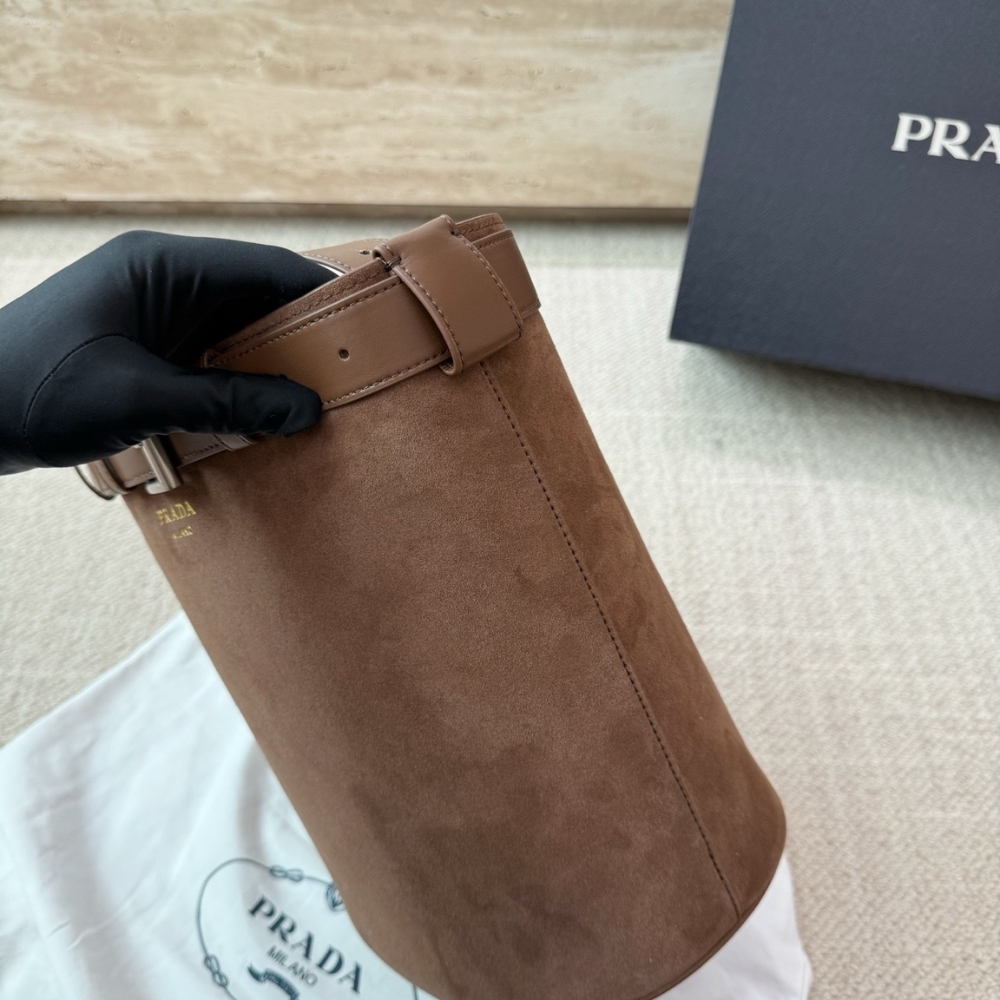Prada Suede Buckle Bucket Bag With Belt Brown 28Cm 1BE085VSBM2C4S F0324 - Image 6