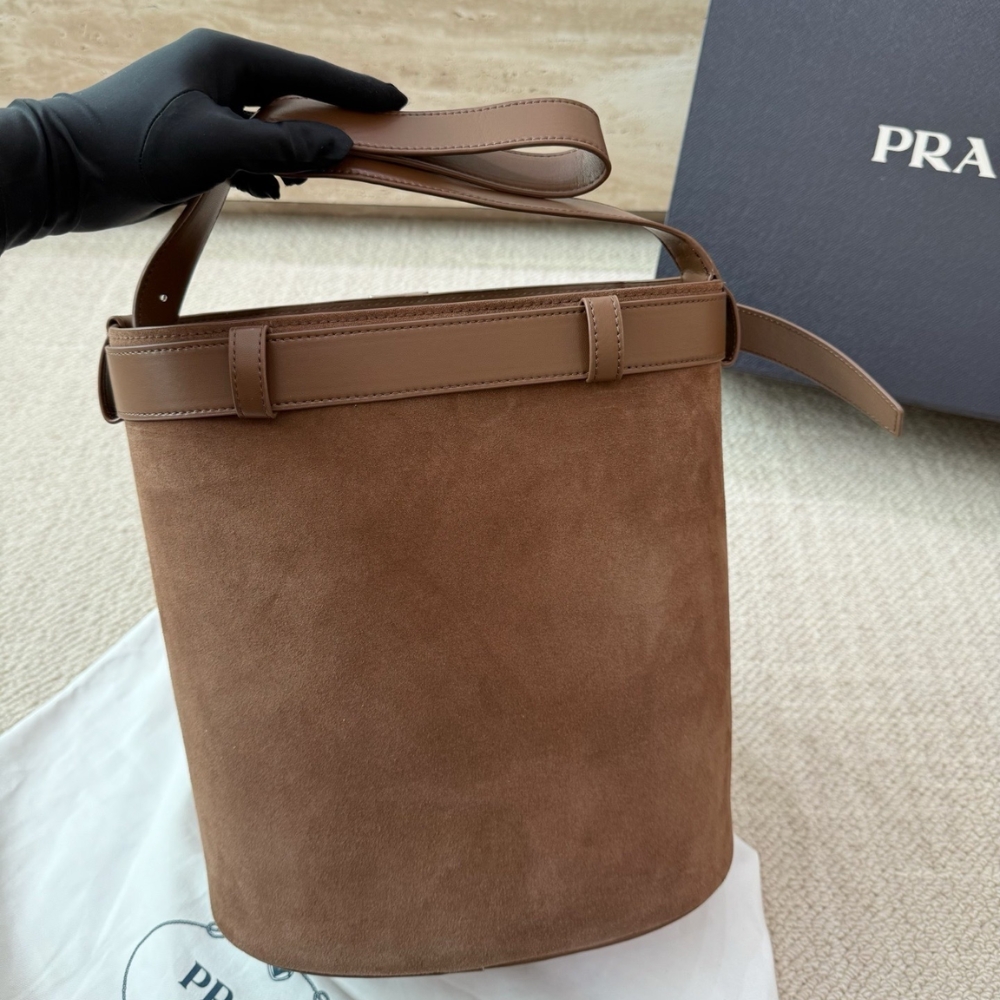 Prada Suede Buckle Bucket Bag With Belt Brown 28Cm 1BE085VSBM2C4S F0324 - Image 8