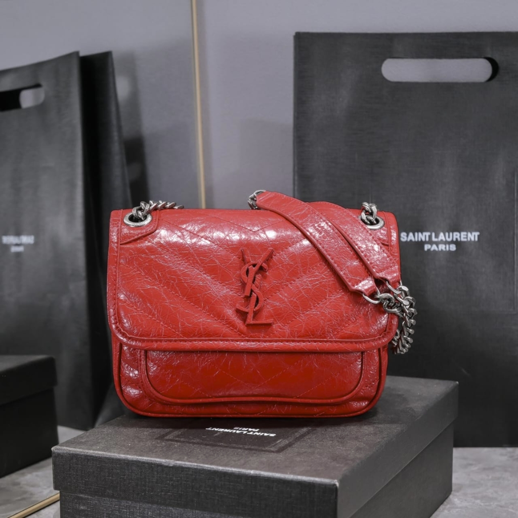 Saint Laurent Niki Baby In Vintage Leather Silver Hardware Shoulder Bag Dark Red 21cm 5330370EN046805 - Image 2