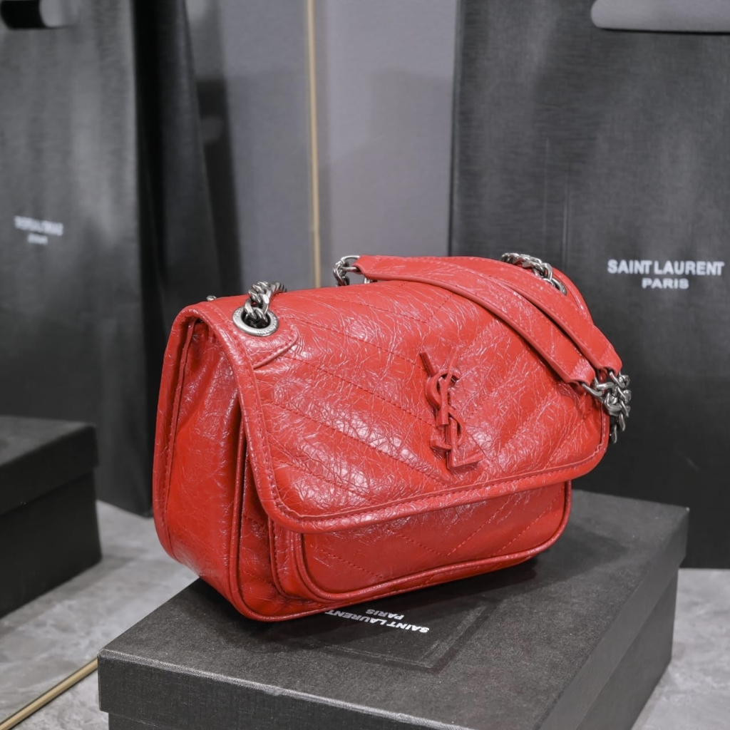 Saint Laurent Niki Baby In Vintage Leather Silver Hardware Shoulder Bag Dark Red 21cm 5330370EN046805 - Image 3