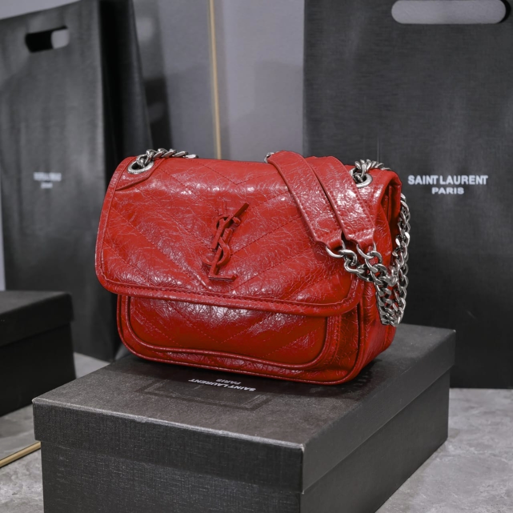 Saint Laurent Niki Baby In Vintage Leather Silver Hardware Shoulder Bag Dark Red 21cm 5330370EN046805 - Image 4
