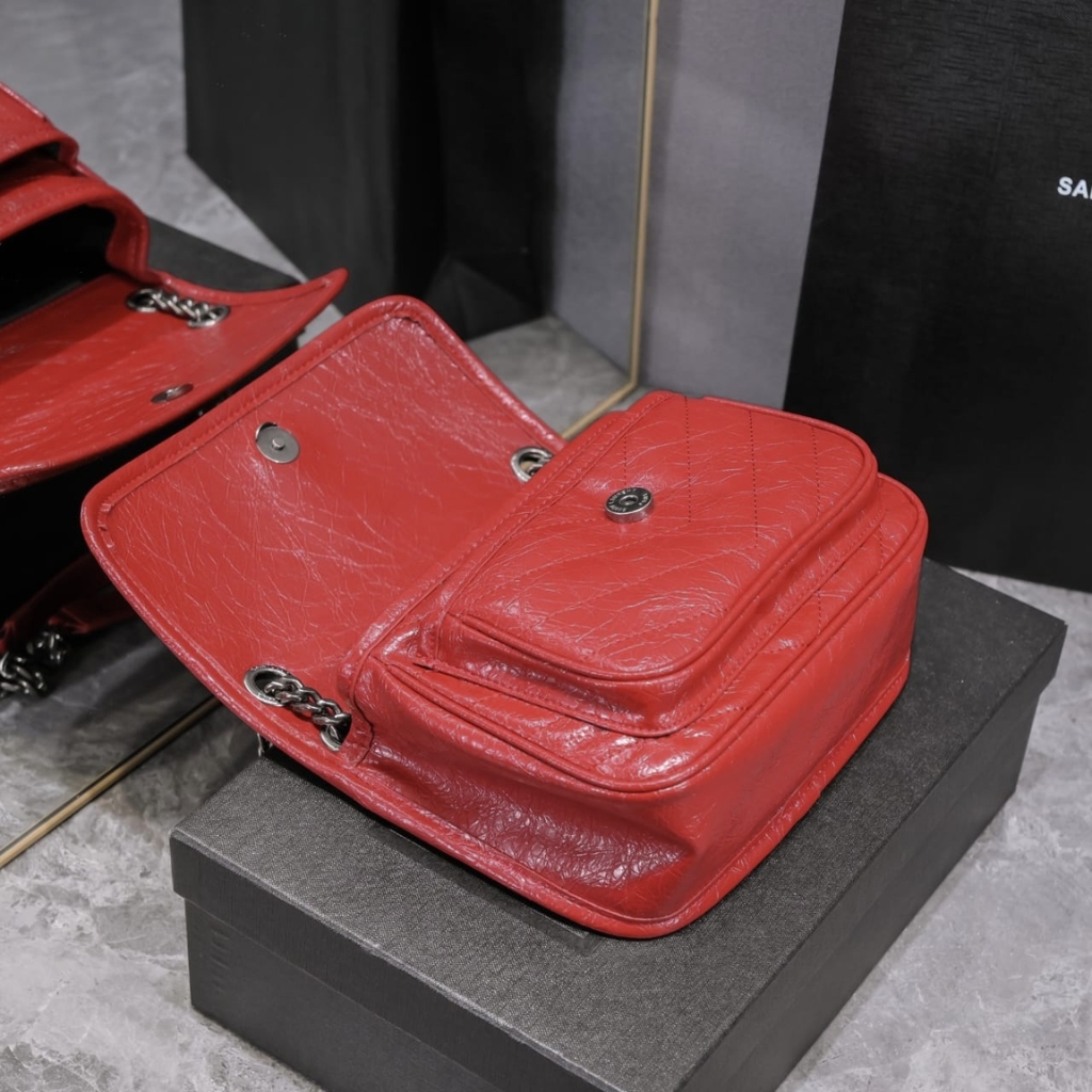 Saint Laurent Niki Baby In Vintage Leather Silver Hardware Shoulder Bag Dark Red 21cm 5330370EN046805 - Image 8