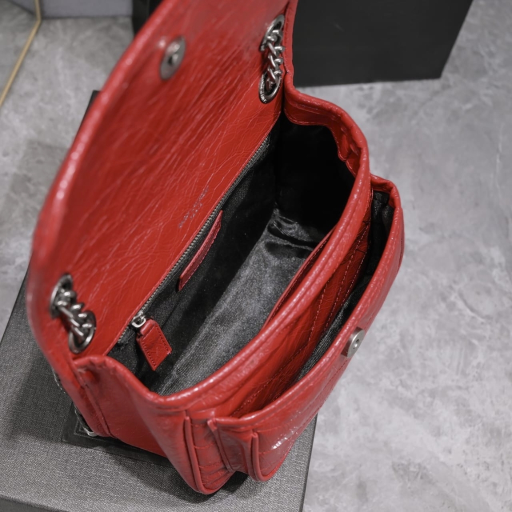 Saint Laurent Niki Baby In Vintage Leather Silver Hardware Shoulder Bag Dark Red 21cm 5330370EN046805 - Image 9