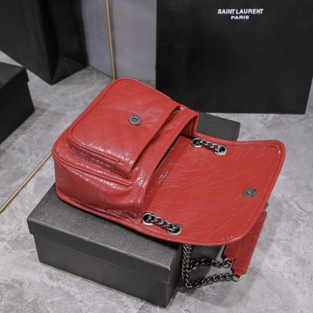 Saint Laurent Niki Baby In Vintage Leather Silver Hardware Shoulder Bag Dark Red 21cm 5330370EN046805 - Image 10