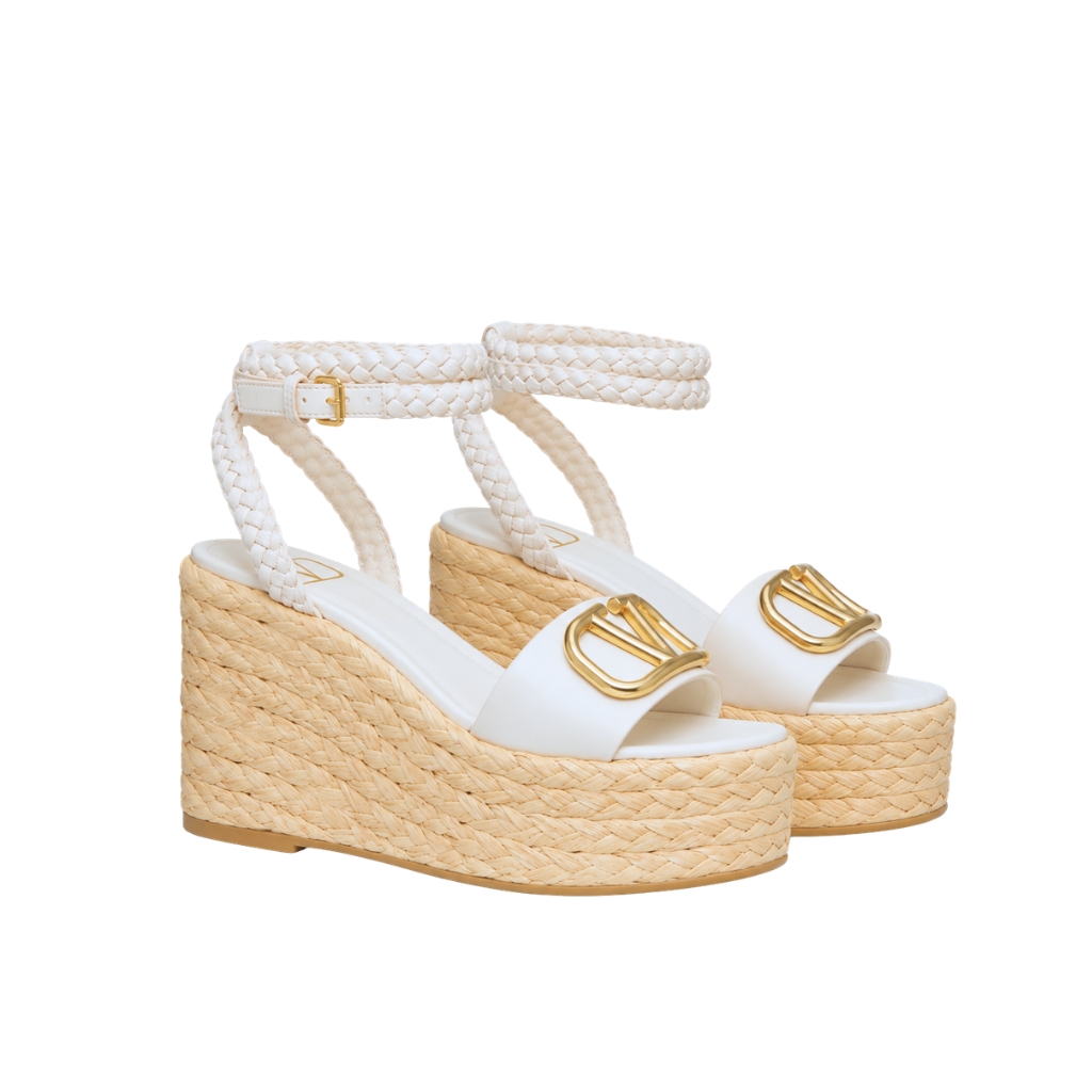Valentino Garavani VLogo Signature Espadrille Raffia Wedge Sandals White