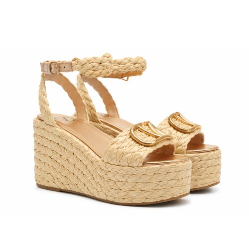 Valentino Garavani Vlogo Cut Out Wedge Sandals In Raffia Platform Natural 110mm