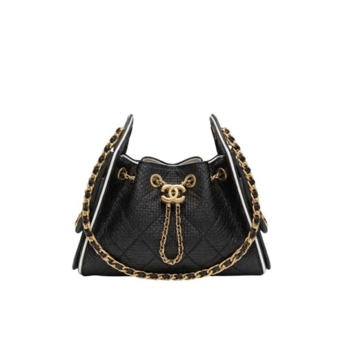 Chanel 25 Small Handbag Braided Raffia Black And White 20Cm