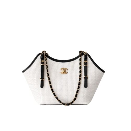 Chanel Shopping Bag Small Braided Raffia Tote Bag White Black 18Cm