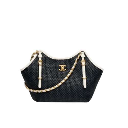 Chanel Shopping Bag Small Braided Raffia Tote Bag Black White 18cm AS6015 B22594 U5559